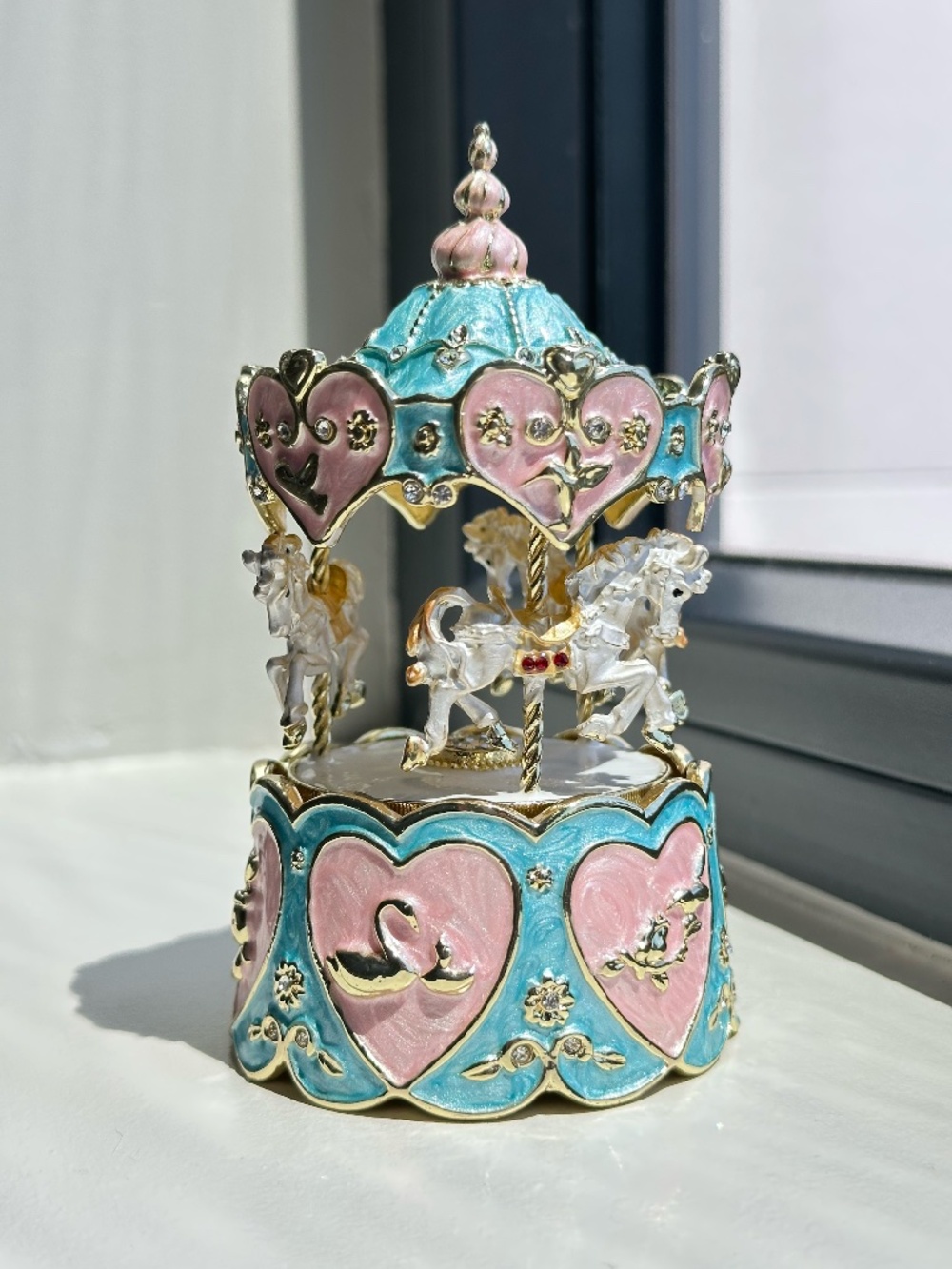 Pastel Enamel Carousel Music Box Rotating Horse Decor w Box